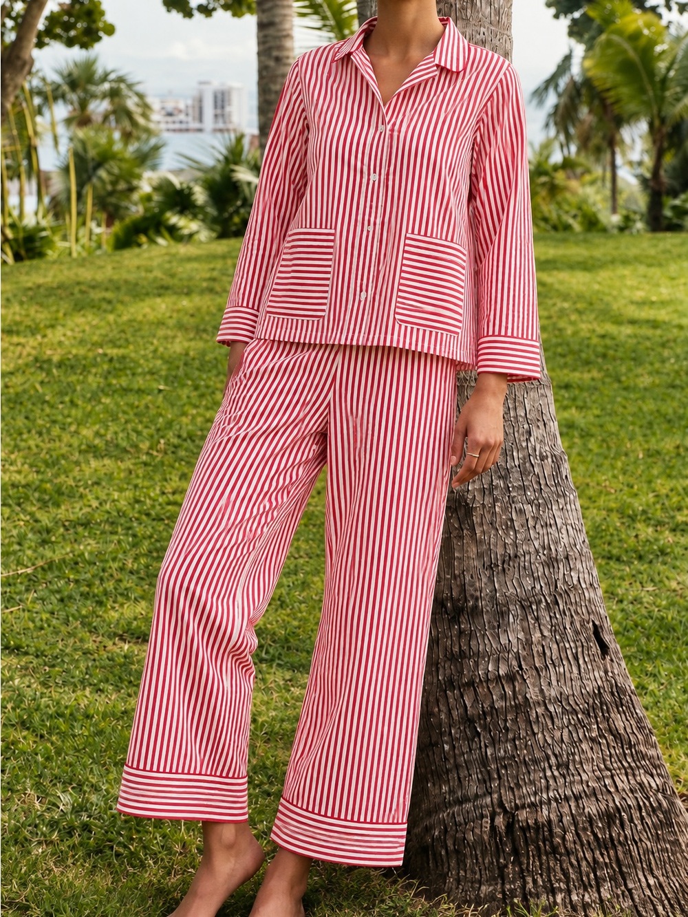 LAKE Pajamas Poplin Piped Long-Long Pajama Set Red White Stripe Size M